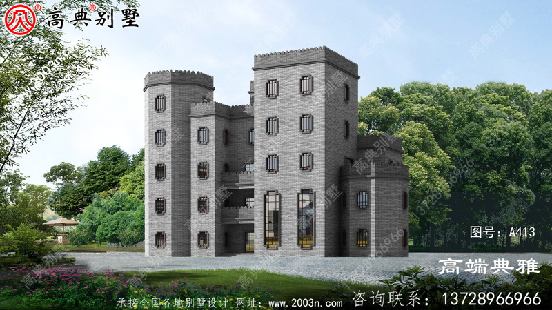 中式城堡风格五层别墅设计图，带车库和大露台