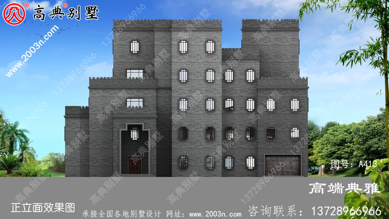 中式城堡风格五层别墅设计图，带车库和大露台