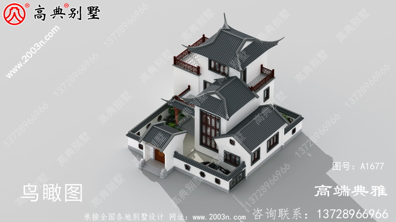 中式三层住宅别墅的施工设计CAD建筑图与效果图