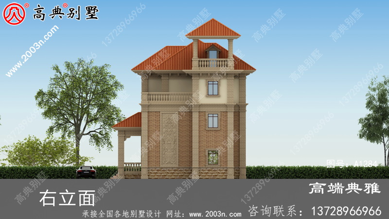 三层新农村住宅房屋设计图，带屋顶观景凉亭