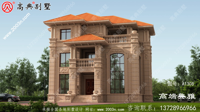 奢华欧式石材三层农村别墅设计图纸，大厅复式设计