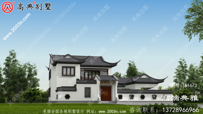 中式带庭院的二楼别墅的设计图是一幅乡村景观。