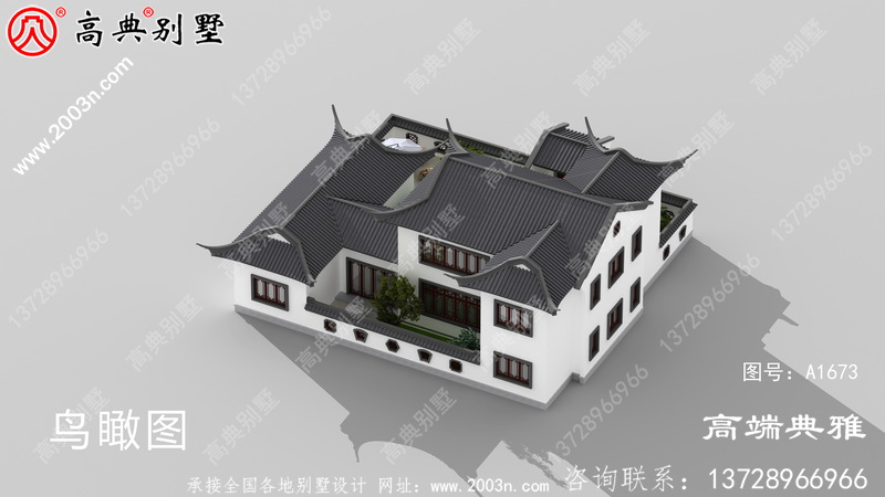 中式带庭院的二楼别墅的设计图是一幅乡村景观。