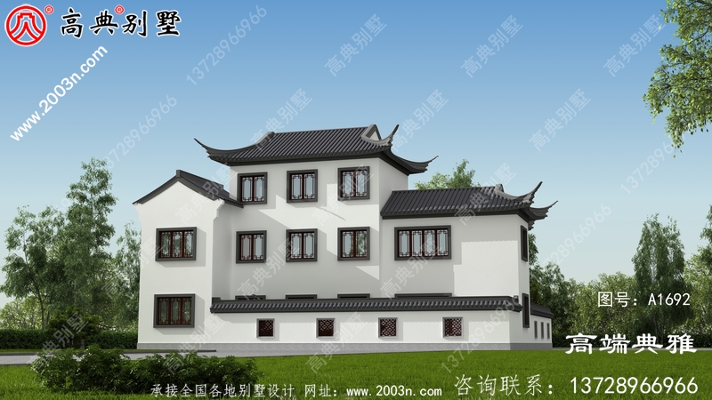 南方新中式农村三层别墅设计图纸，含效果图