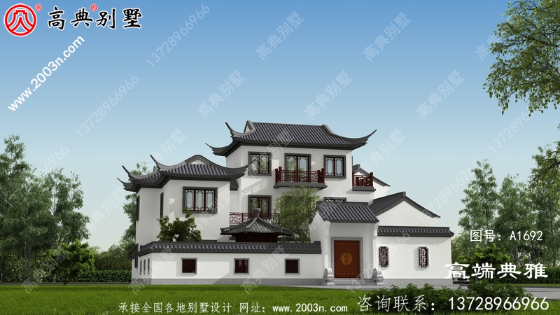 南方新中式农村三层别墅设计图纸，含效果图